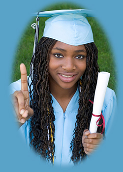 A photo of a young black woman who graduated.